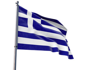 Greece flag waving on pole with white isolated background. National theme, international concept.