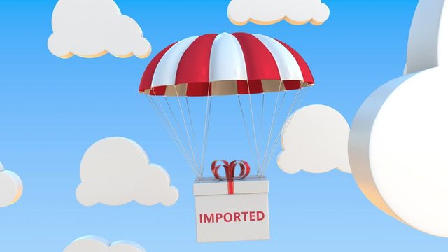 Box with IMPORTED text falls with a parachute. Loopable conceptual 3D animation