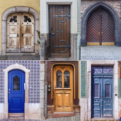 six old wooden doors trimmed with metal decorations from different cities of Europe