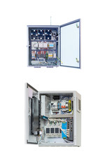 two electrical control Cabinet with an open door isolated on a white background