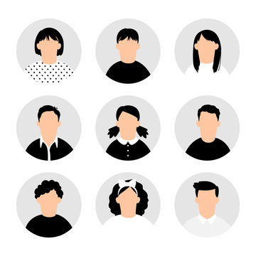 Teens avatars. Teen people avatar set on white, teenager profile vector images, cartoon teenage boys and girls pic set, young men and women persons portraits collection