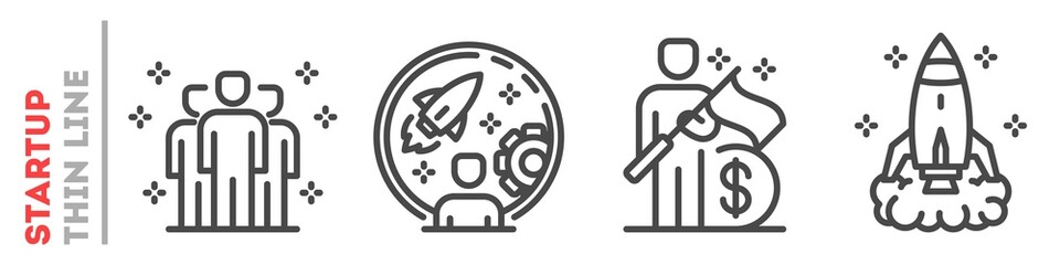 Leadership and strategy planning in company set of thin line icons on white. Outline startup pictograms collection. Teamwork, investment in business vector elements for infographic, web, logos.