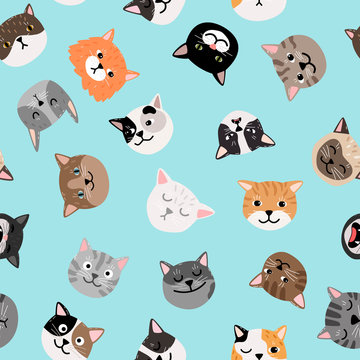 Cats characters pattern. Cute cat faces seamless pattern, colored painted kittens vector texture