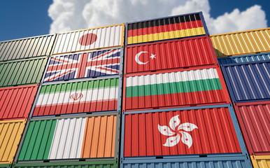 Container Terminal - Freight container with different national flag designs. 3D Rendering