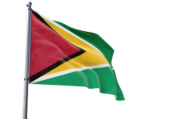 Guyana flag waving on pole with white isolated background. National theme, international concept.
