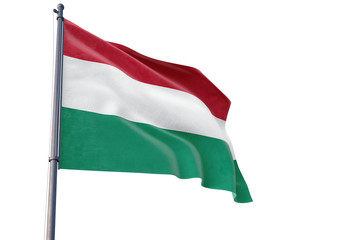 Fototapeta na wymiar Hungary flag waving on pole with white isolated background. National theme, international concept.