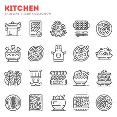 Big set of kitchen equipment, chef supplies thin line icons isolated on white. Cuisine outline pictograms collection, logos. Food, eating, dishes, cookware vector elements for infographic, web.