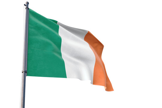 Ireland flag waving on pole with white isolated background. National theme, international concept.