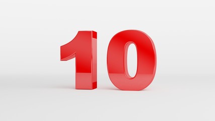 Number 10 in glossy red color on white background, isolated number, 3d render