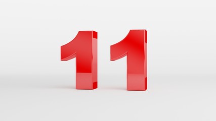 Fototapeta premium Number 11 in glossy red color on white background, isolated number, 3d render