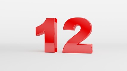 Number 12 in glossy red color on white background, isolated number, 3d render