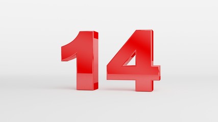 Number 14 in glossy red color on white background, isolated number, 3d render