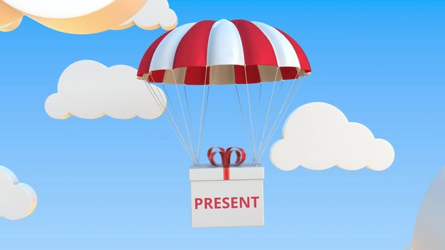Box with PRESENT text falls with a parachute. Loopable conceptual 3D animation