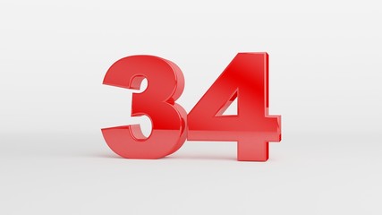 Number 34 in glossy red color on white background, isolated number, 3d render