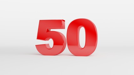 Number 50 in glossy red color on white background, isolated number, 3d render