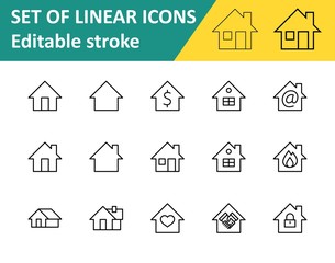 Set of House Vector Home Line Icons. Contains symbols of Conclusion of Contract, Heart, Drop of water, fire, money and more. Editable Stroke. 32x32 pixels.