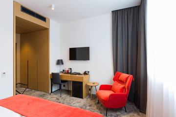 Interior of a double bed hotel bedroom