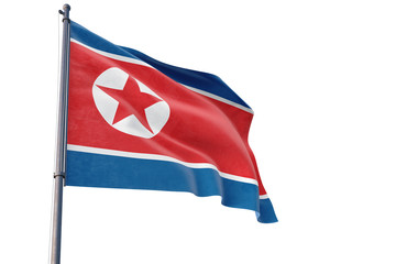 North Korea flag waving on pole with white isolated background. National theme, international concept.
