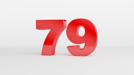 Number 79 in glossy red color on white background, isolated number, 3d render