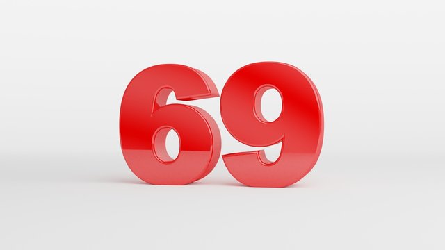 Number 69 in glossy red color on white background, isolated number, 3d render