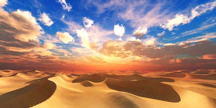 Sand desert at sunset, desert sunset, sand under the setting sun, sun and clouds over the desert, 3D rendering © ustas