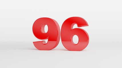 Number 96 in glossy red color on white background, isolated number, 3d render