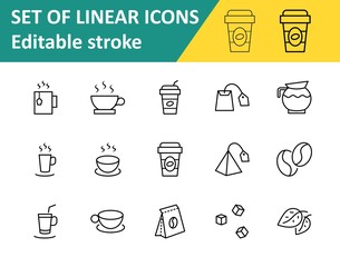 Set of Coffee and Tea Vector Line Icons. Contains such Icons as Cup of Tea,  Teabags, Coffee beans and Green Tea Leaves, a pitcher of Water, Sugar Cubes and more. Editable Stroke. 32x32 Pixels