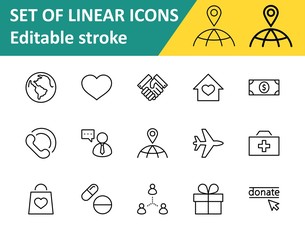 International Day for the Poor Vector Line Icons Set. Contains such Icons as Heart, planet Earth, Handshake, money, Donate, Medicines, Plane and more. Editable Stroke. 32x32 Pixels