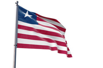 Liberia flag waving on pole with white isolated background. National theme, international concept.