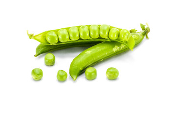 Fresh green peas isolated on white background