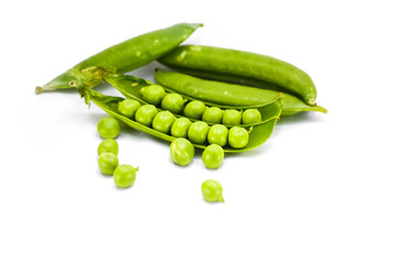 Fresh green peas isolated on white background