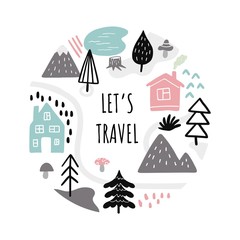 Lovely banner on travels theme. Hand-drawn vector illustration with text and many elements like mounts, country houses, trees.