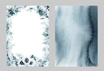 Set for wedding cards in cold colors. Abstract indigo background. A wonderful bouquet of flowers.