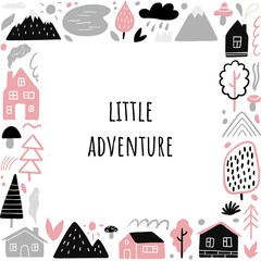 Cute frame on travel theme with text Little Adventure. Vector illustration with country houses, mountains, trees, sun, rain and other nature and outdoor elements.