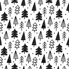 Obraz premium Monochrome woodland seamless pattern. Modern Vector Illustration with different trees. Good for postcard, wallpaper, background, sites, print or embroidery.