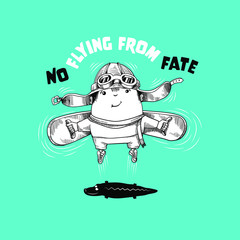 Happy jumping kid with wings, in pilot helmet and shirt with the inscription No flying from fate. Humorous vector illustration. Print and web concept.