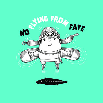 Happy jumping kid with wings, in pilot helmet and shirt with the inscription No flying from fate. Humorous vector illustration. Print and web concept.