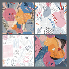 Collection of four vector colorful collage contemporary natural seamless patterns.