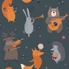 Materiał do szycia Vector seamless pattern with hand drawn wild forest animals with musical instruments.