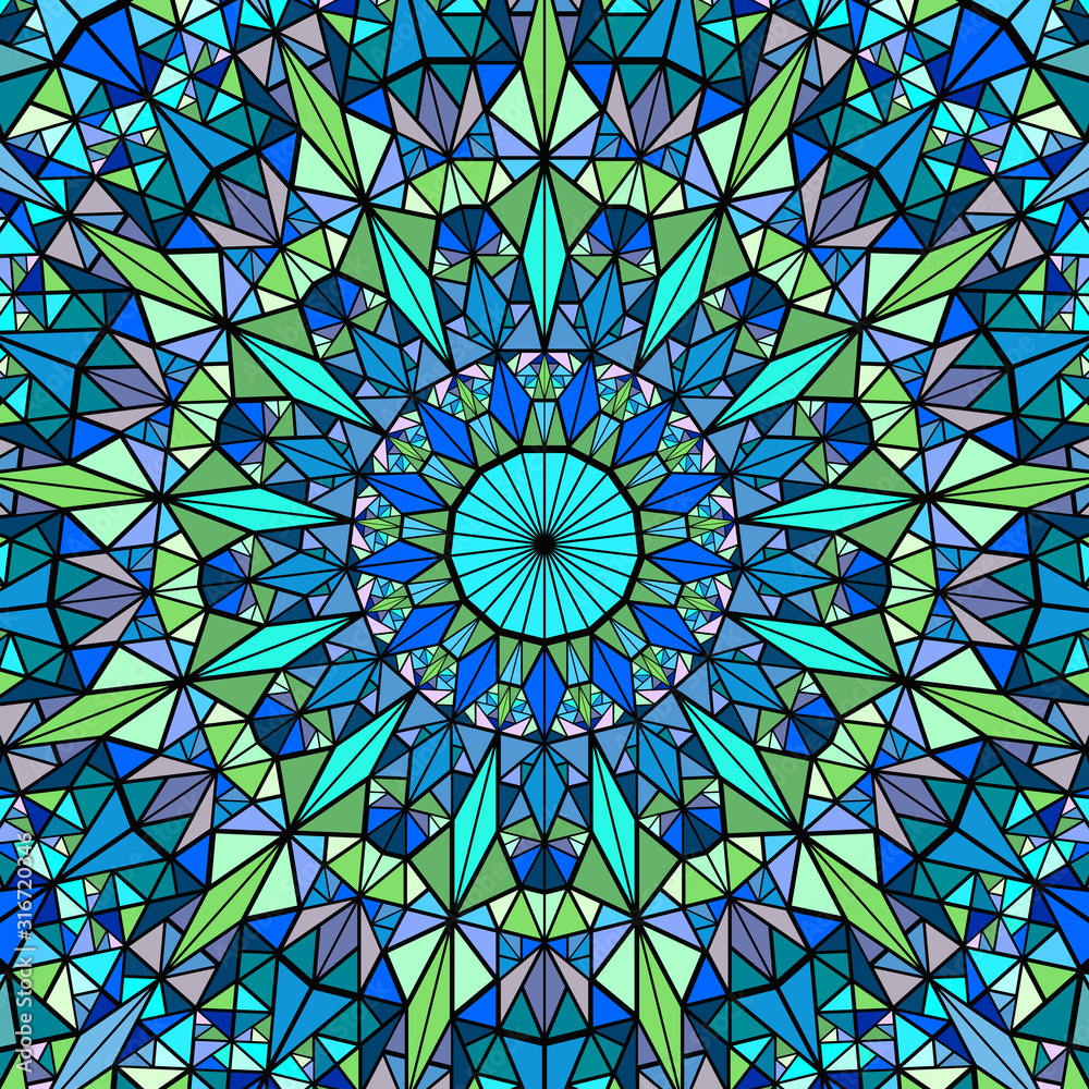Poster dynamic polygonal round pattern mosaic mandala background - hypnotic abstract circular vector design