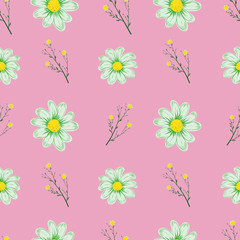 Chamomile seamless pattern pink background