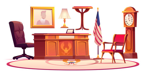 Furniture of Oval office in White house. Vector cartoon interior elements of american presedent cabinet, desk and leather chair, retro wooden clock, flag of USA, portrait and carpet with eagle