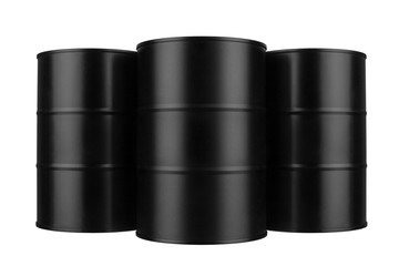Three black metal barrels isolated close up, white background, oil drum, steel keg, tin canister,...