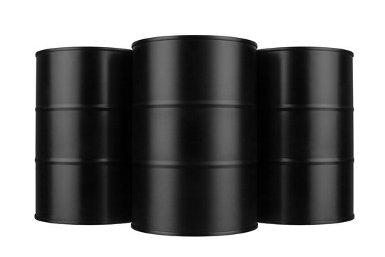 Three black metal barrels isolated close up, white background, oil drum, steel keg, tin canister, aluminium cask, petrol storage package, fuel container, gasoline tank, oil production industry concept