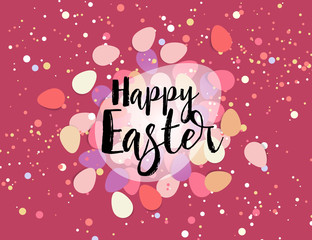 Vector illustration Happy Easter composition. Easter eggs, confetti on pink background. Flat lay, top view