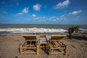 The blurred natural background of the blue sky by the large lake, with the sea rolling over the beach all the time, can be seen during the summer season.