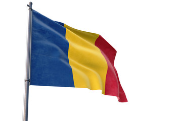 Romania flag waving on pole with white isolated background. National theme, international concept.