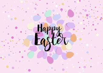 Vector illustration Happy Easter composition. Easter eggs, confetti on pink background. Flat lay, top view