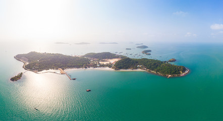 Aerial view of pirate island, Dao Hai Tac, in the southern coast of Vietnam. Bay of water with...