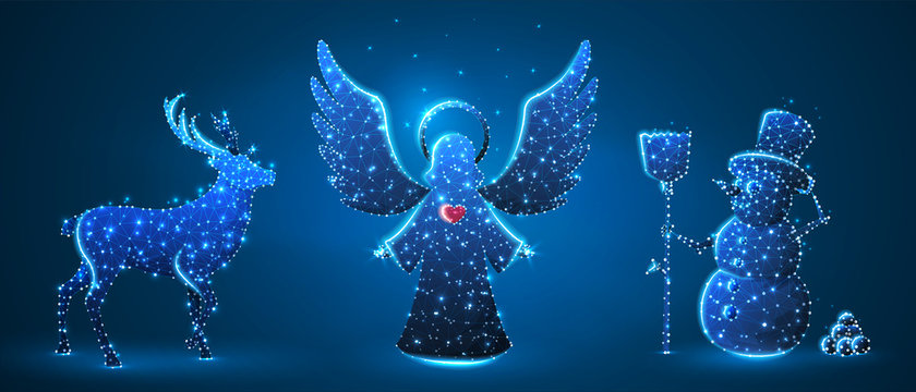 Christmas Angel, Deer, Reindeer, Snowman with a broom. Wintertime, snow days, winter holidays concept on blue neon background. Abstract low poly, polygonal, wireframe, digital, 3d vector illustration